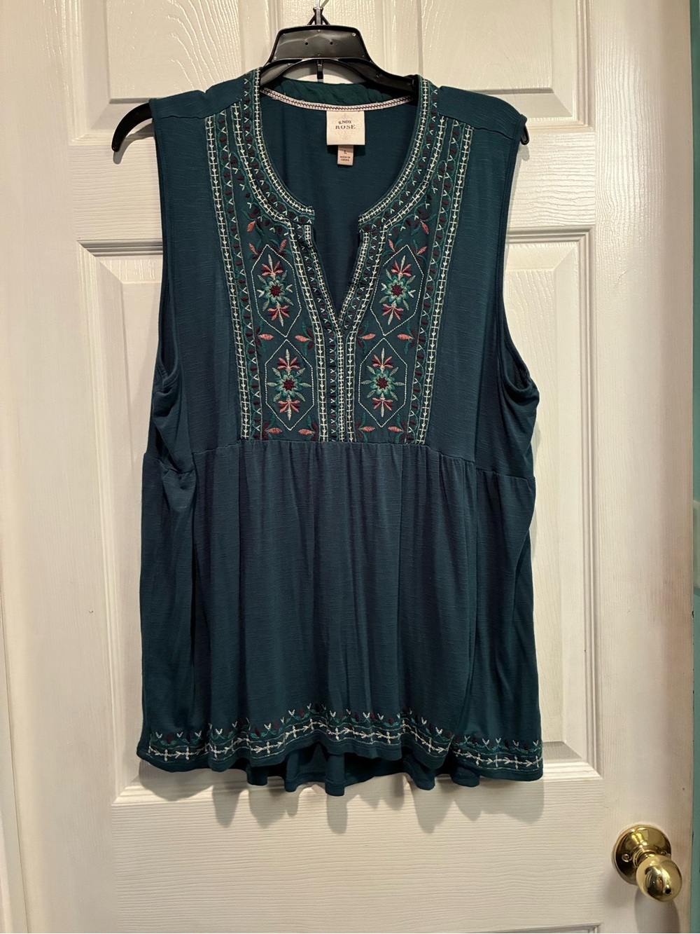 Knox Rose Teal Embroidered Sleeveless Peasant Top